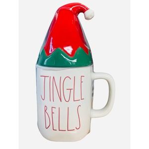 Rae Dunn JINGLE BELL Christmas Mug Cup with Red/Green ELF Hat Topper‎ - Ceramic